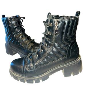 GBG LA Black BikerCombat Boots 7 Side Zip Quilted Platform Lace-Up Goth